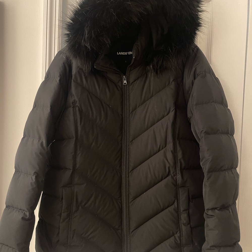 Lands' End Women's Black Puffer Jacket with Faux Fur Hood
